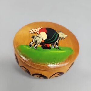 Vintage Hand Crafted 1.5x2.5" Round Wood Norwegian Trinket Jewelry Box Milk Goat